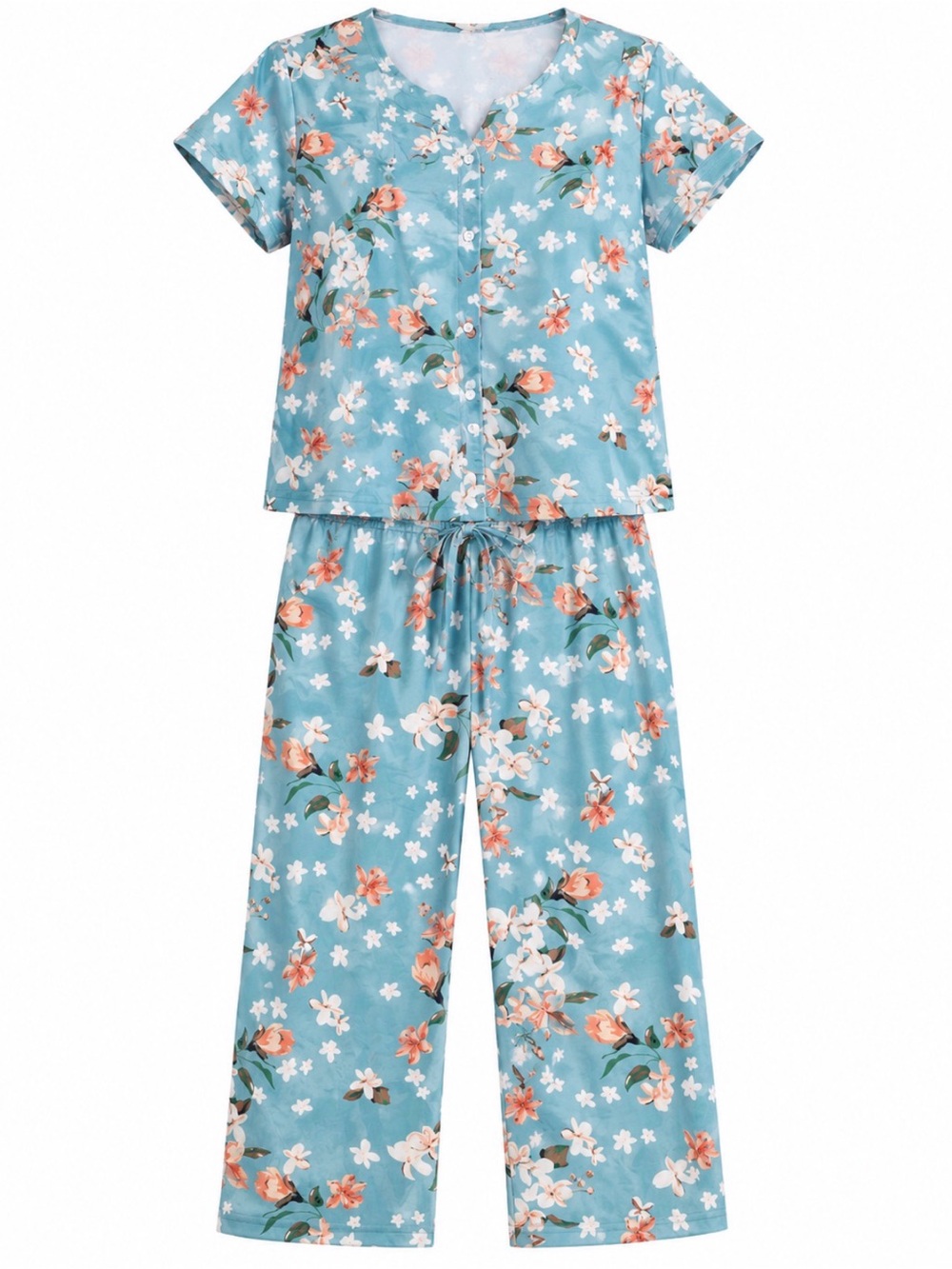 Ekouaer Women’s XL Floral Short-Sleeve Pajama Set Capri 2 Piece Set- Teal Floral